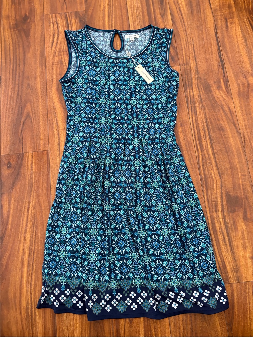 Max Studio Navy & Teal Patterned Sleeveless Fit-and-Flare Dress Women’s XS NWT